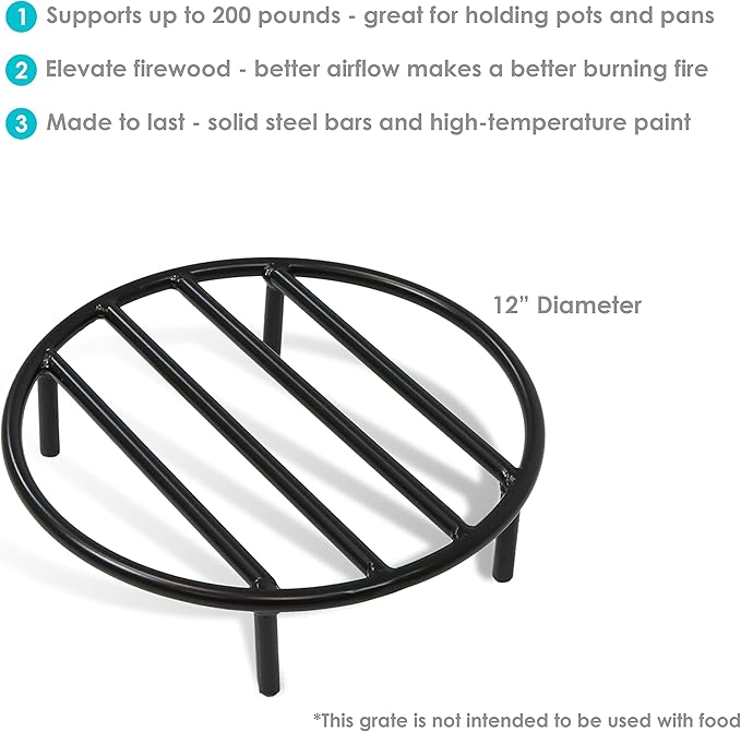 Sunnydaze Fire Pit Grate - Heavy-Duty Steel - Round Firewood Grate for Outdoor Firepits - 12-Inch Black