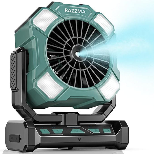 24000mAh Battery Operated Portable Misting Fan with 8M Remote Control, 4 Wind Speeds, 300ml Water Capacity, 3 Lighting Modes, Ideal for Camping, Outdoor & Industrial Use-Cyan01