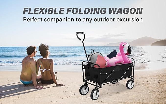 YSSOA Folding Garden Cart PRO, Collapsible Wagon with 360 Degree Swivel Wheels & Adjustable Handle, Black, 220lbs Weight Capacity
