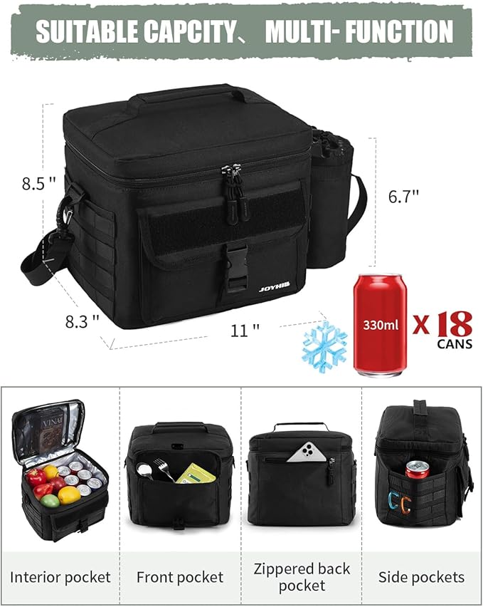 JOYHILL Tactical Lunch Box for Men, Insulated Lunch Bag with Detachable Bottle Pouch Holder, Medium Durable Thermal Cooler Bag,Modern Leakproof Bag for Work, Camping, Picnic,Green,13L/18 Can