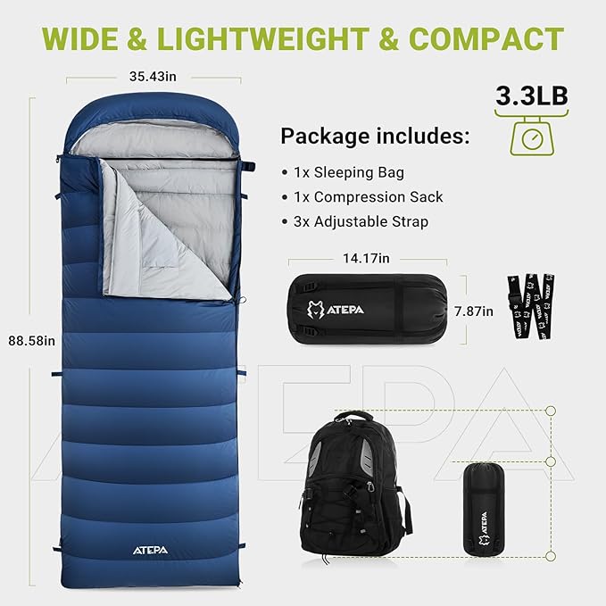 ATEPA Down Sleeping Bag, Recycled 650FP 4 Season Summer & Winter Compact Rectangle Lightweight Waterproof Wearable Sleeping Bag with Compression Sack for Camping Backpacking Hiking