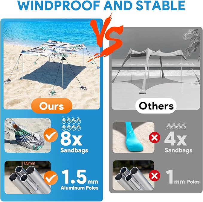 Beach Tent Sun Shelter, 10 x 10 FT Beach Canopy Tent Sun Shade, UPF50+ Beach Tent Canopy with 8 Sandbags & 4 Stability Poles, Outdoor Beach Tent for Beach Camping Fishing, Boat