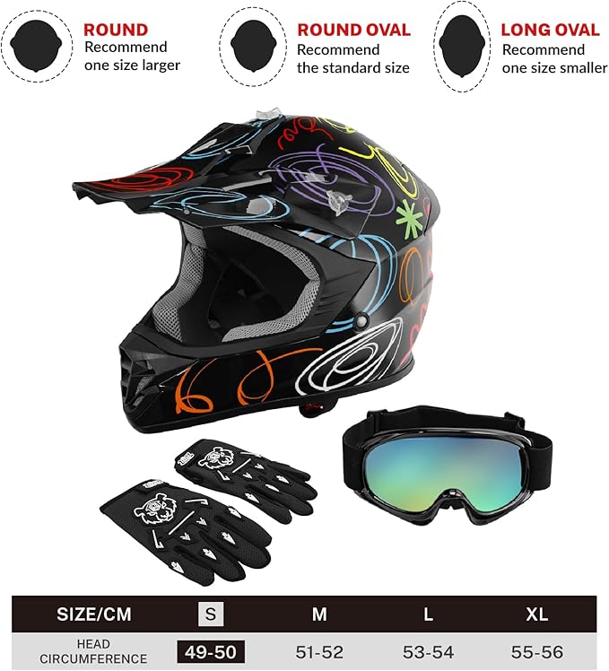 TCT-MOTORPARTS DOT Youth Kids Motocross ATV Helmets Offroad Street Dirt Bike Go-Kart BMX MX Full Face Helmet Black w/Graffiti Samll Size