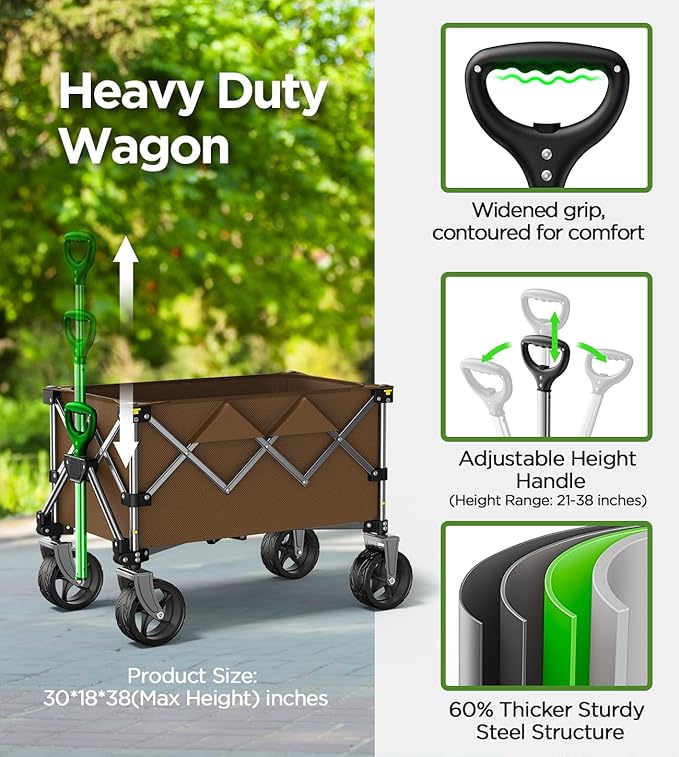 Beach Wagon,CollapsibleWagon 220lbs with Big Wheels Foldable Wagon Carts,Portable Utility for Garden Grocery Sports Camping All Terrain-Khaki