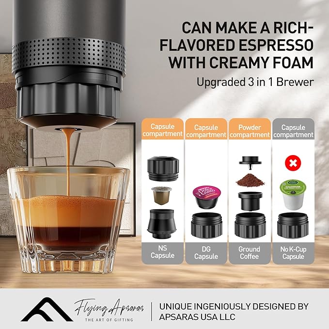 APSARAS USA Portable Coffee Maker for Travel, Portable Espresso Maker, 20 bar Mini Espresso Machine, 3in1 Travel Coffee Maker with Ground Coffee & Capsule(Ns&DG) for RV, Camping, Car