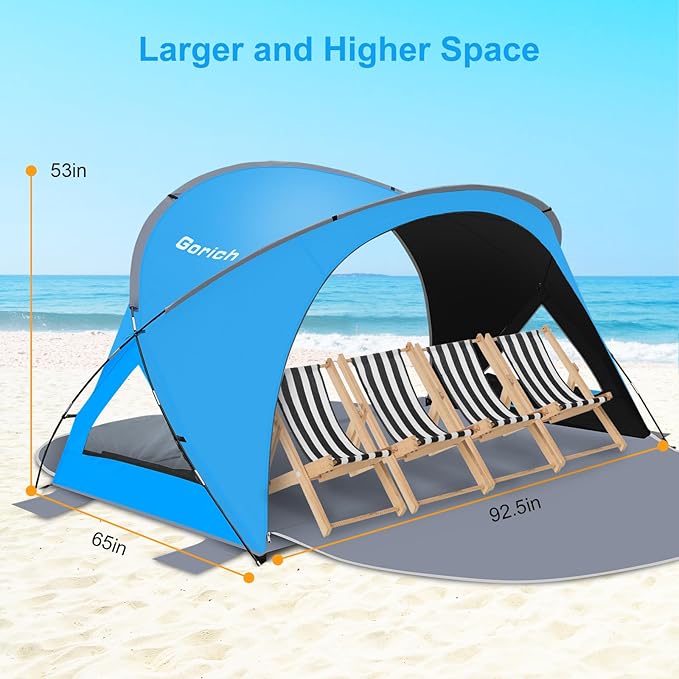Gorich Beach Tent Sun Shelter with UPF50+ UV Protection for 3-6 Person, Lightweight & Portable Beach Shade Canopy with 2 Zippered Doors, Easy Setup Family Beach Umbrella