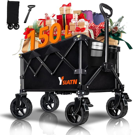 Collapsible Wagon Cart with Wheels Foldable, Folding Wagon Cart with All Terrain Wheels, Large Grocery Carts On Wheels, Heavy Duty Utility Wagons for Shopping Beach Sports Fishing Camping, 150L, Black