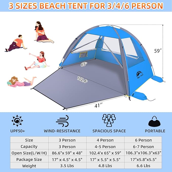 Happy Travel Beach Tent, UPF 50+ UV Protection Sun Shade Shelter for 3/4/5/6/7/8 Person, Portable Beach Canopy for Family & Baby, Lightweight & Easy Setup Beach Cabana with 3 Ventilation Mesh Windows