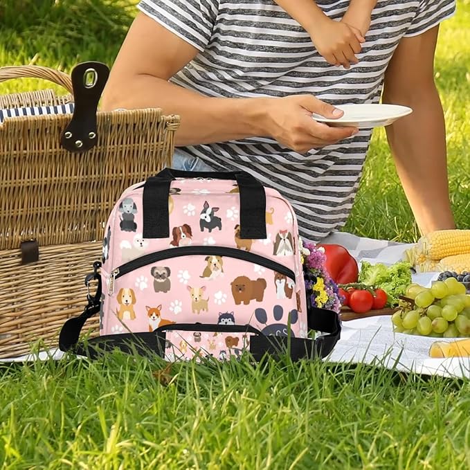 Dog Lunch Bag Dog Paws Pink Lunch Box for Women Girls, Reusable Insulated Leakproof Meal Prep Organizer Tote Thermal Cooler Bag with Shoulder Strap for Kids Adult School Work Office Picnic