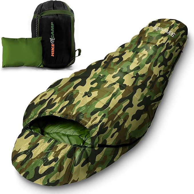SereneLife 0 Degree Mummy Sleeping Bag – Military-Style, Lightweight & Waterproof for Extreme Cold, Stays Warm in 5–10°F, No-Snag Zipper, Compact Carry Bag & Travel Pillow for Camping & Backpacking