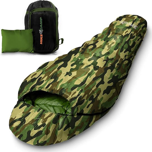 SereneLife 0 Degree Mummy Sleeping Bag – Military-Style, Lightweight & Waterproof for Extreme Cold, Stays Warm in 5–10°F, No-Snag Zipper, Compact Carry Bag & Travel Pillow for Camping & Backpacking
