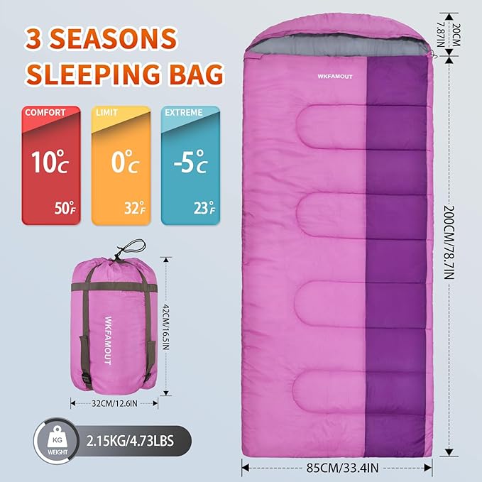 XL 10 Degree Sleeping Bags Waterproof for Adults 350GSM Machine Washable with Compression Sack for 3-4 Season Camping Outdoor