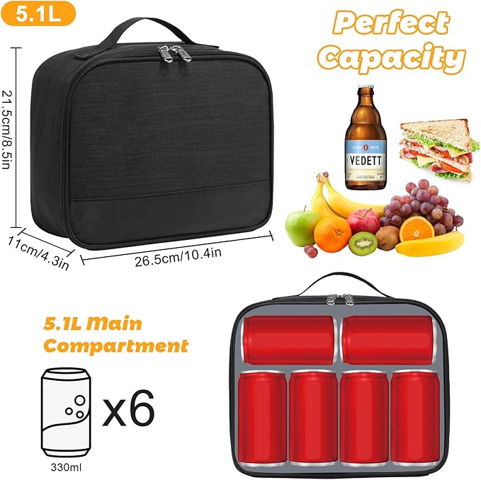 Lunch Box for Men - Reusable Lunch Bag Men Adult Women- Insulated LunchBox for Office Hiking Camping (Black)
