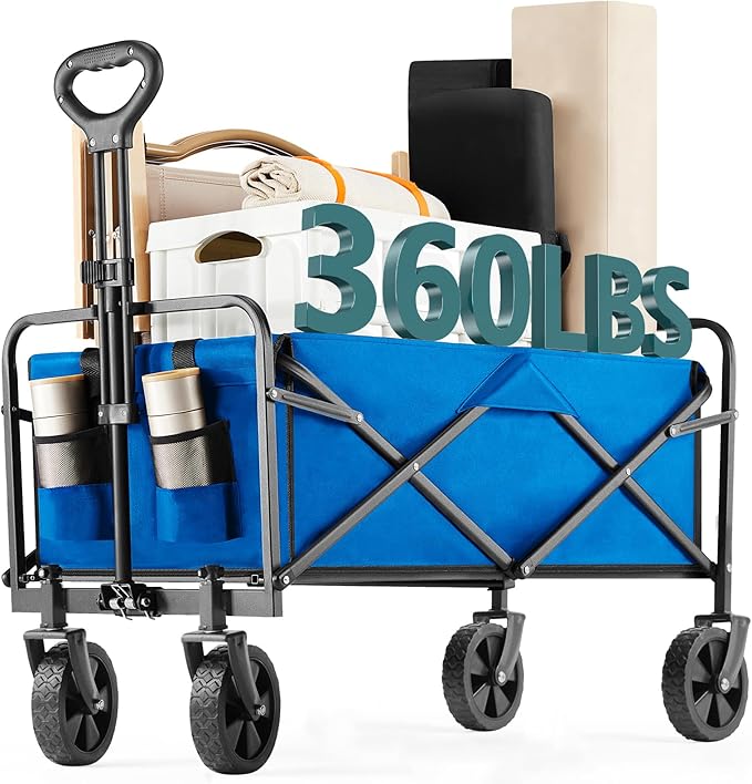Collapsible Wagon Cart Foldable, 30" L Folding Beach Wagon with All-Terrain Wheels, Shopping Cart with 250lbs Capacity, Portable Camping Wagons Carts for Grocery Garden and Sports, Modern Blue