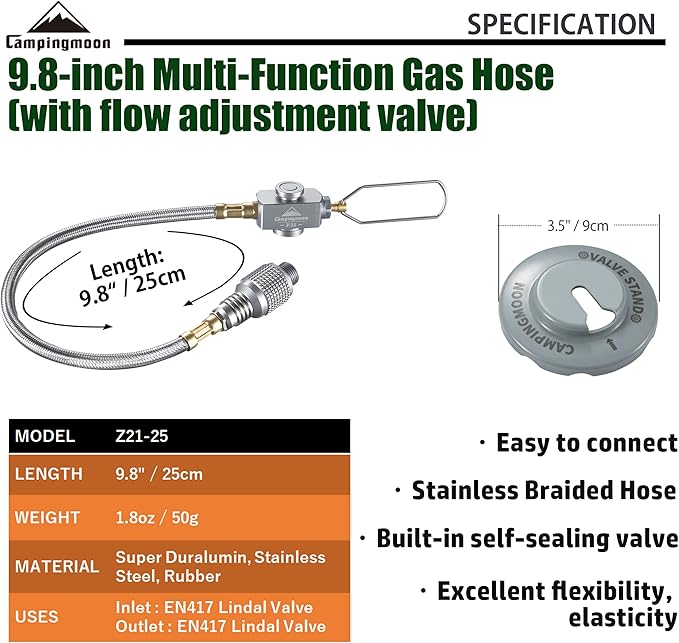 camping moon CAMPINGMOON 9.8-inch Multi-Function Gas Hose for EN417 Lindal Valve Screw-on Type Canister and Device Z21-25