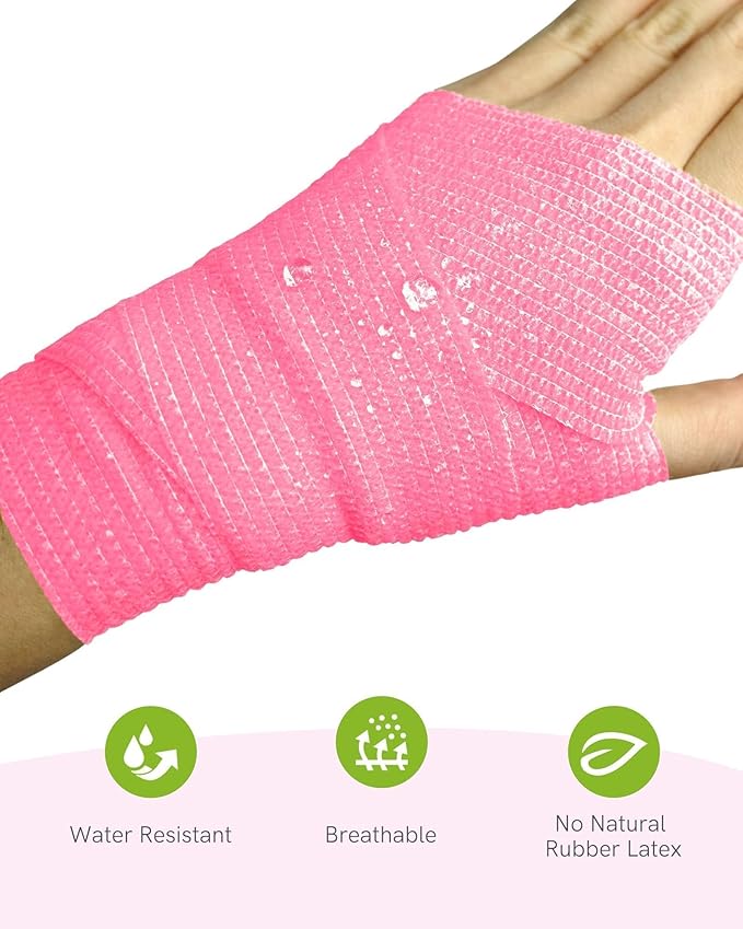 FriCARE Self Adhesive Bandage Wrap, Medical Tape in First Aid Kit, Cohesive Bandages for Wounds Sport Vet, FSA/HSA Eligible, 2 Inches X 5 Yards 6 Rolls, Fluorescent Pink