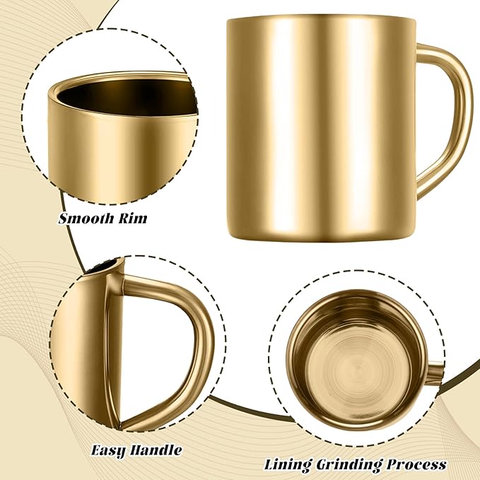 Cunhill 4 Set 7.5oz/220ml Stainless Steel Coffee Mug with Handle Metal Double Walled Cups Camping Mug Dishwasher Safe Tea Cups for Home Travel Camping Outdoors Rv Keep Drinks Hot (Gold)