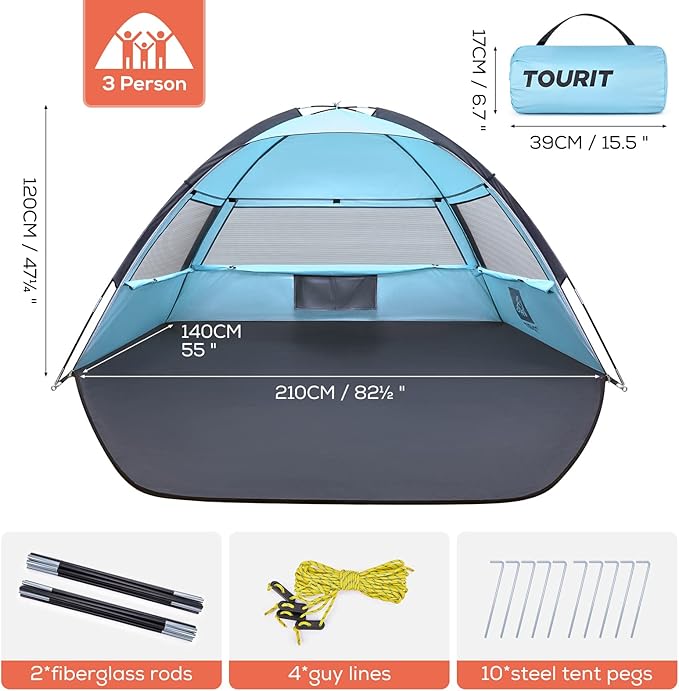 TOURIT Beach Tent 3 Person Instant Sun Shelter with UV Protection for Outdoor Family Beach, Hiking, Fishing