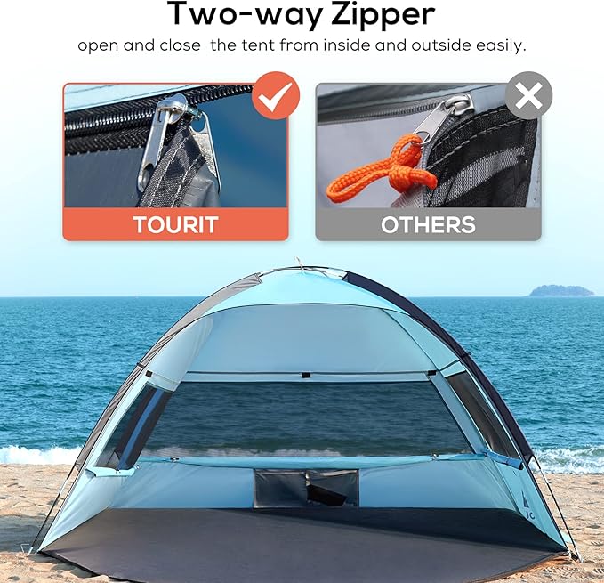 TOURIT Beach Tent 3 Person Instant Sun Shelter with UV Protection for Outdoor Family Beach, Hiking, Fishing