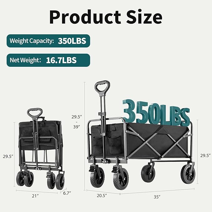 Collapsible Wagon Cart Foldable, 35" L Folding Beach Wagon with All-Terrain Wheels, Heavy Duty Shopping Cart with 350lbs Large Capacity, Portable Camping Wagons Carts for Grocery Garden, Black