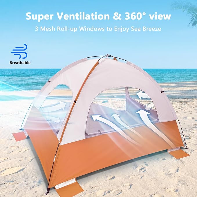 NXONE Beach Tent Sun Shade Shelter for 4 Person with UV Protection, Extended Floor, 3 Mesh Roll Up Windows & 8.5mm Fiberglass Rods丨Carry Bag Included (Orange White)