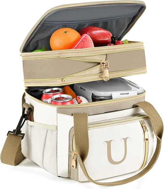 LOKASS Personalized Lunch Bag for Women Work, 16L Initial Insulated Lunch box for Adult/Womens Gift, Leakproof Personalized Gift Lunchbag with Adjustable Shoulder Strap, Cooler Bag Beige - U