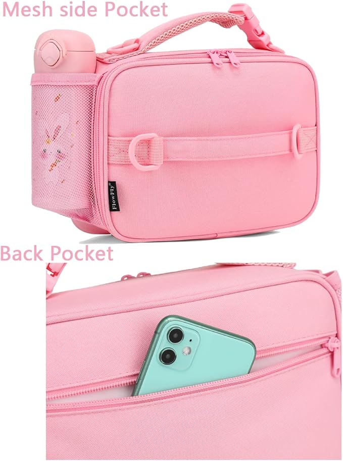 FlowFly Kids Lunch Bag, Durable Insulated School Lunch Box with Shoulder Strap and Bottle Holder, Water-resistant Thermal Small Lunch Cooler Tote for Teen Boys & Girls,Pink