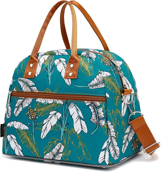 FlowFly Insulated Lunch Bag With Shoulder Strap for Women, Men, and Kids, Large and Reusable, Handle, Freezable Work and School Travel Tote and Meal Prep Organizer, leaves