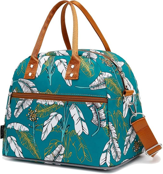 FlowFly Insulated Lunch Bag With Shoulder Strap for Women, Men, and Kids, Large and Reusable, Handle, Freezable Work and School Travel Tote and Meal Prep Organizer, leaves
