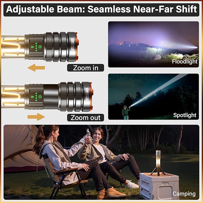 11 Modes Rechargeable Tactical Flashlight, 10000 Lumens Portable Camping Flashlight with Stand, 6H Long Lasting Bright LED Light for Outdoor Activity, Emergency Use