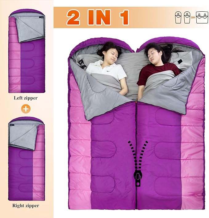 XL 10 Degree Sleeping Bags Waterproof for Adults 350GSM Machine Washable with Compression Sack for 3-4 Season Camping Outdoor