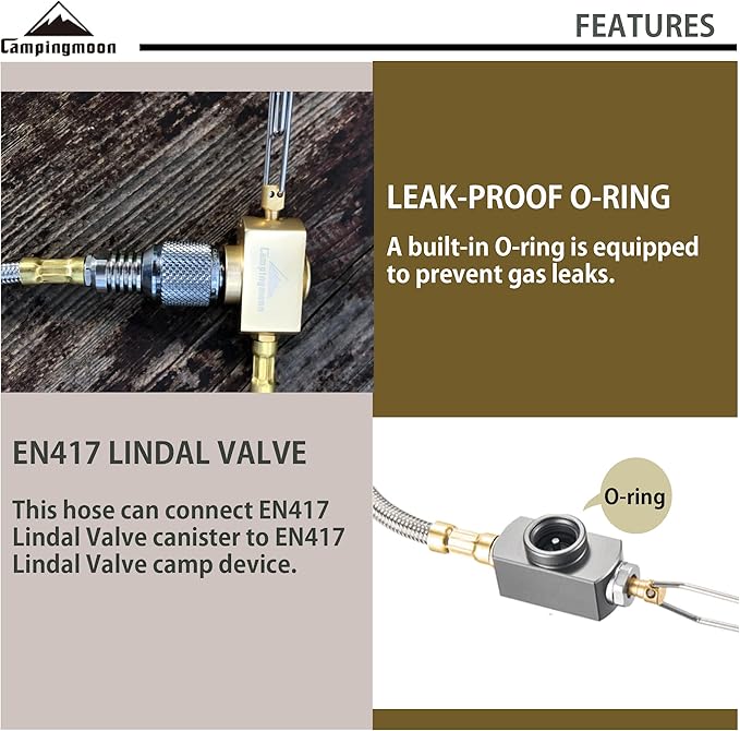 camping moon CAMPINGMOON 9.8-inch Multi-Function Gas Hose for EN417 Lindal Valve Screw-on Type Canister and Device Z21-25