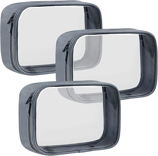 Moyad TSA Approved Clear Toiletry Bag, 3 Pack Quart Size 3-1-1 Liquids Pouch for Travel, Transparent Makeup & Cosmetic Organizer for Women Men, Grey