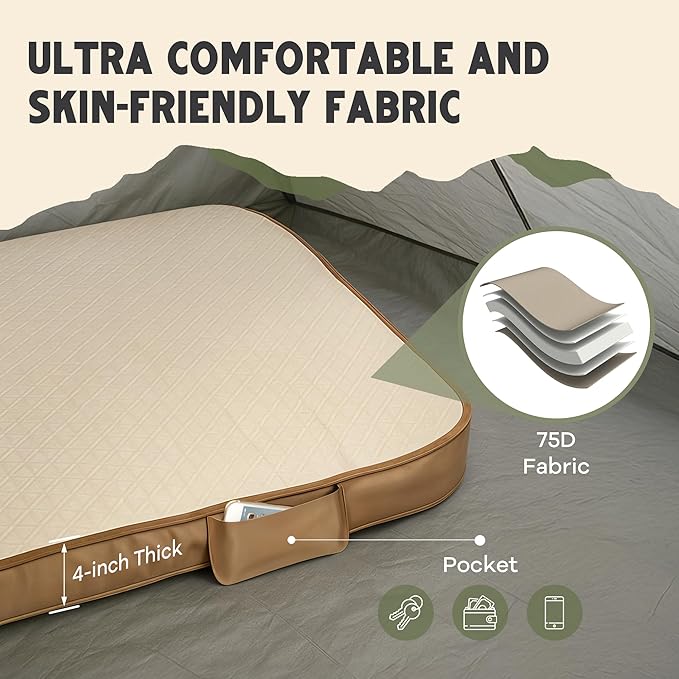 WanderMate - Self-Inflating Camping Sleeping Pad - Queen-Sized Inflatable Camping Mattress for Car, Backpacking, and Tent - Durable 4-Inch Memory Foam and Air Support - Cordless 2,500mAh Pump