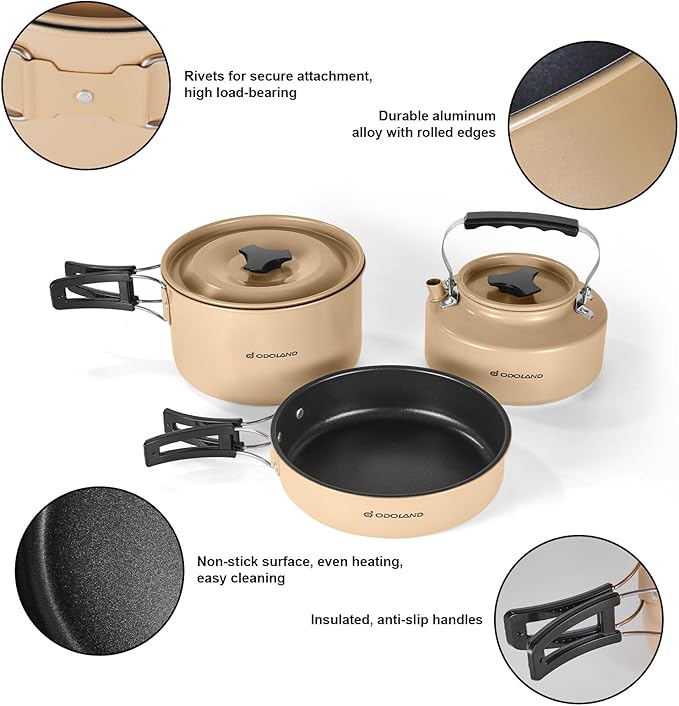 Odoland 15pcs Camping Cookware Mess Kit, Non-Stick Lightweight Pot Pan Kettle Set with Stainless Steel Cups Plates Forks Knives Spoons for Camping, Backpacking, Outdoor Cooking and Picnic