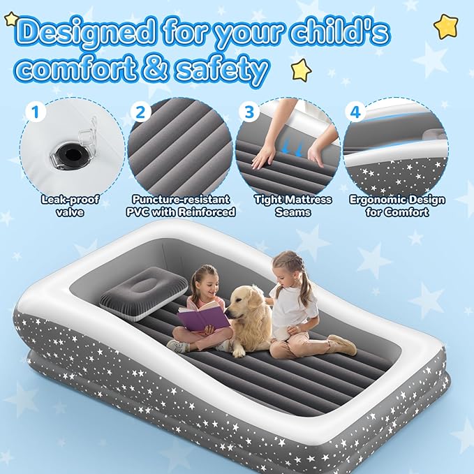 Inflatable Toddler Travel Bed: Portable & Safety - Blow Up Toddler Bed Travel with 4 Sides - Kids Air Mattress Ideal for Outdoor Camping - Easy to Inflate Deflate and Clean