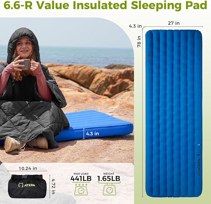 ATEPA Backpacking Sleeping Pad, 6.6 R-Value Insulated Ultralight Inflatable Sleeping Pad Thick Folding Camping Mattress with 7 Layers & Storage Bag for Camping Backpacking, Wide Long Size (78"x27")