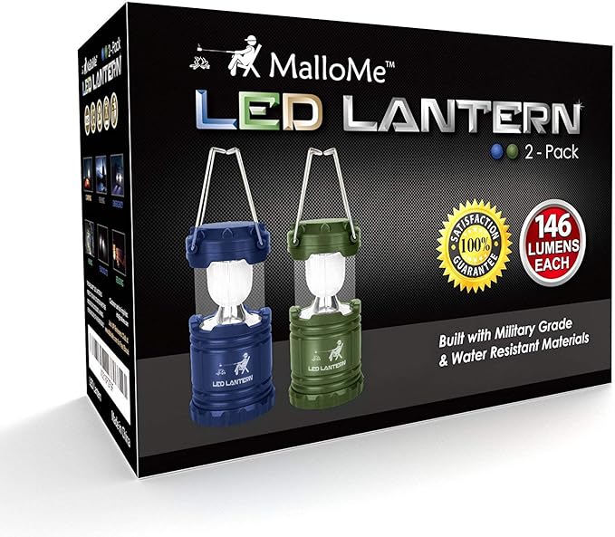 MalloMe Camping Lantern Green Blue 2 Pack Lanterns for Power Outages, Camping Lights for Tent Hanging, Camp Light Tent Lamp Emergency Battery Powered LED Lantern (Rechargeable Batteries Not Included)