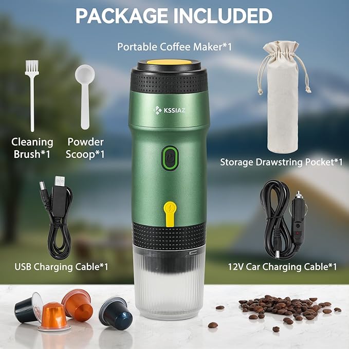 Portable Espresso Machines, Electric Espresso Maker with Self-Heating, USB-C & Car Charger, 20 Bar Mini Coffee Maker With NS Capsule & Ground Coffee for Camping, Hiking, Travel, Office, Green