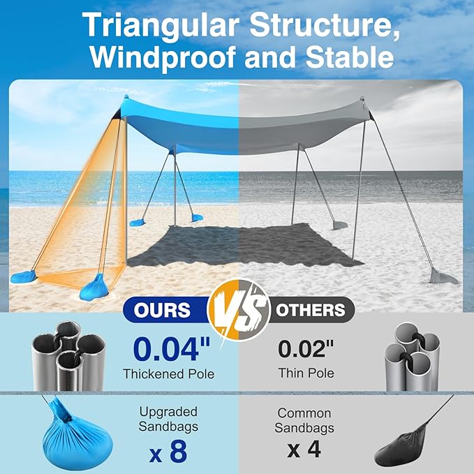 Rhino Valley Beach Tent Sun Shelter, 10x10FT Beach Canopy Tent Sun Shade UPF50+ Protection with 8 Sandbags 4 Stability Poles, Outdoor Beach Shade Canopy 6-8 People for Beach Camping Fishing