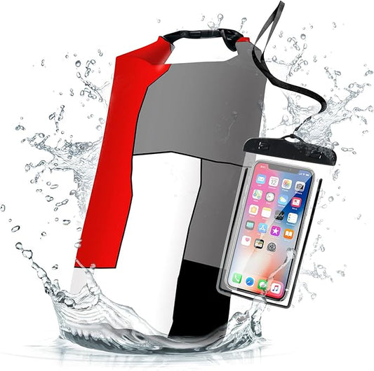 Waterproof Dry Bag,Roll Top Red and Black Geometric Waterproof Backpack 5L/10L/20L Floating and Lightweight Bags for Kayaking, Boating, Fishing, Swimming and Camping with Waterproof Phone Case