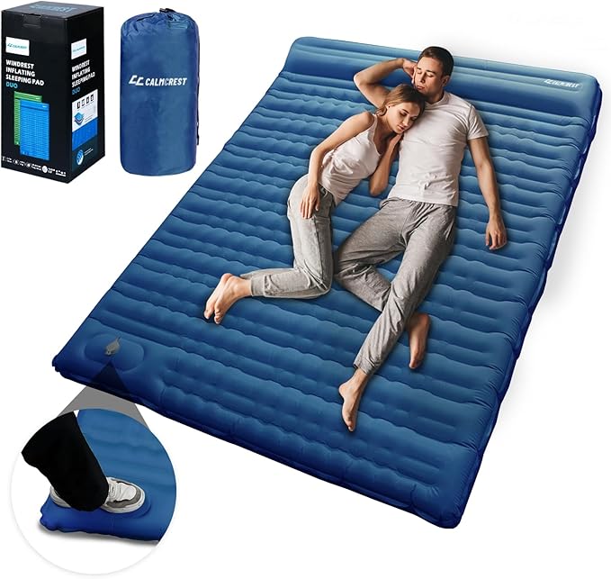 Double Sleeping Pad for Camping, 5" Extra-Thick Inflatable Camping Pad 2 Person with Built-in Foot Pump,Comfort Camping Mat with Pillow, Lightweight Sleeping Mat, Supports Up to 800 lbs-Blue