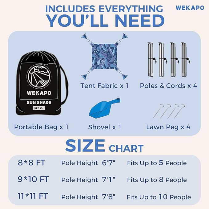 WEKAPO Beach Tent Sun Shelter - Easy Setup Beach Canopy with 4 Sturdy Poles, Large Sandbags and Shovel, 7'8'' Tall, Windproof Sun Shade for Backyard and Camping, UPF 50+ Protection