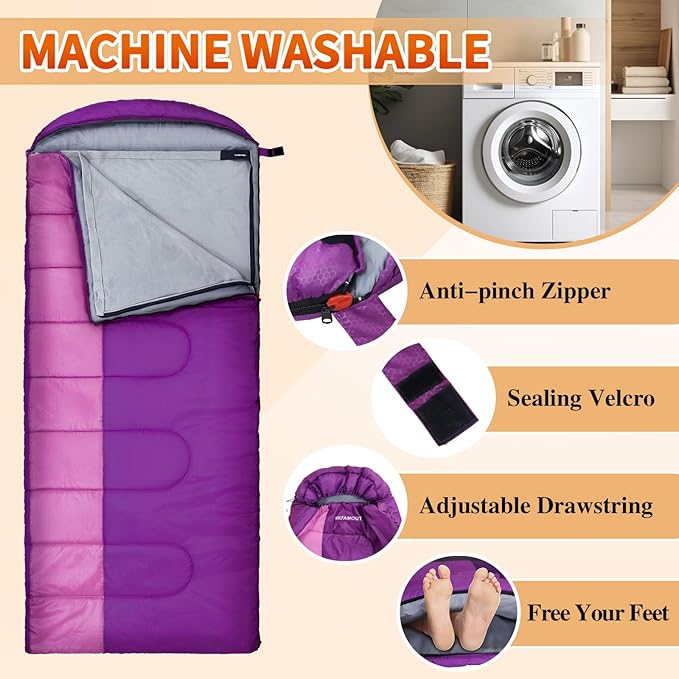 XL 10 Degree Sleeping Bags Waterproof for Adults 350GSM Machine Washable with Compression Sack for 3-4 Season Camping Outdoor