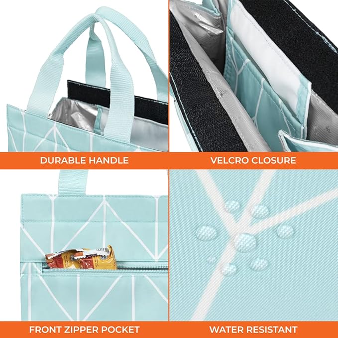 opux Lunch Bag for Women, Insulated Lunch Box Tote for Girls Kids Adult School Work, Reusable Womens Lunch Tote for Office Travel, Cute Small Lunch Tote, Fits 12 Cans - Chevron Teal