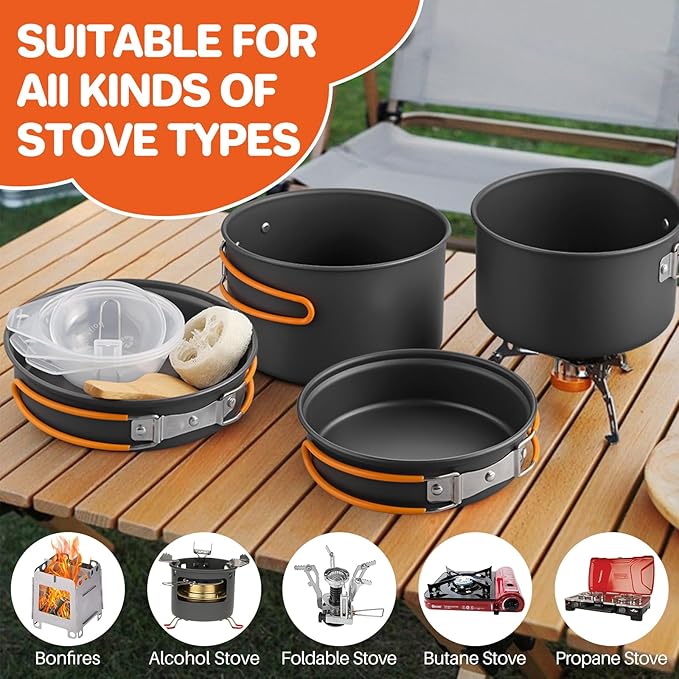 FUNYKICH Camping Pots and Pans Set, Non-Stick Camping Cooking Set, Lightweight Camping Cookware with Storage Bag for Camping, Backpacking, Outdoor Cooking & Picnic
