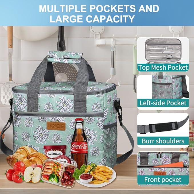 iknoe Large Cooler Bag Collapsible, 15L Insulated Bags, Leakproof Lunch Cooler Tote with Multi-Pockets for Adult, Insulated Lunch Box for Beach, Picnic,Work, Daisy 24-Can