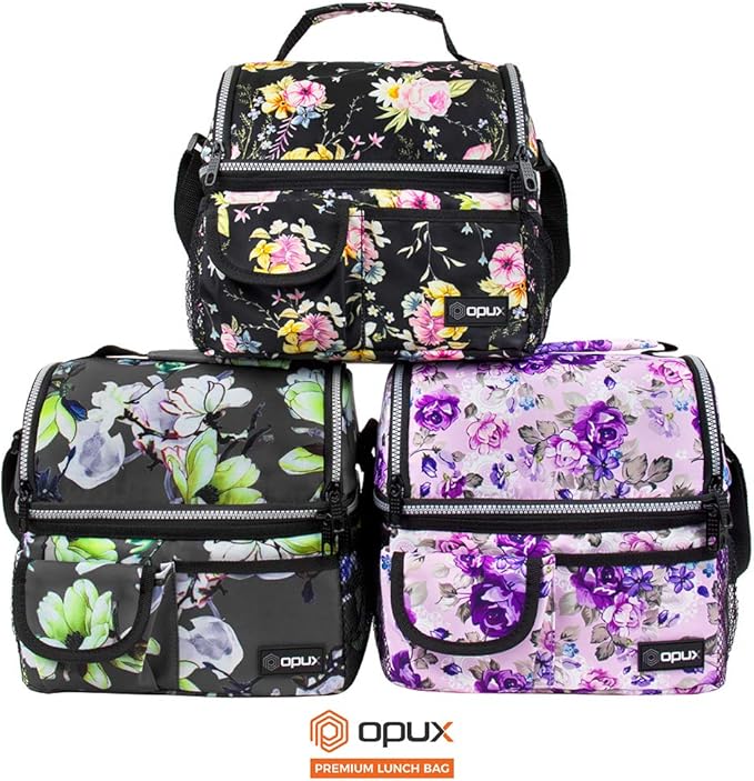 opux Lunch Bag Women Insulated, Adult Lunch Box Cooler, Flower Lunch Box, Dual Compartment Lunchbox for Work, Leakproof Double Decker Lunch Bag, Soft Lunch Pail Tote Girls Kids School, Floral Gray