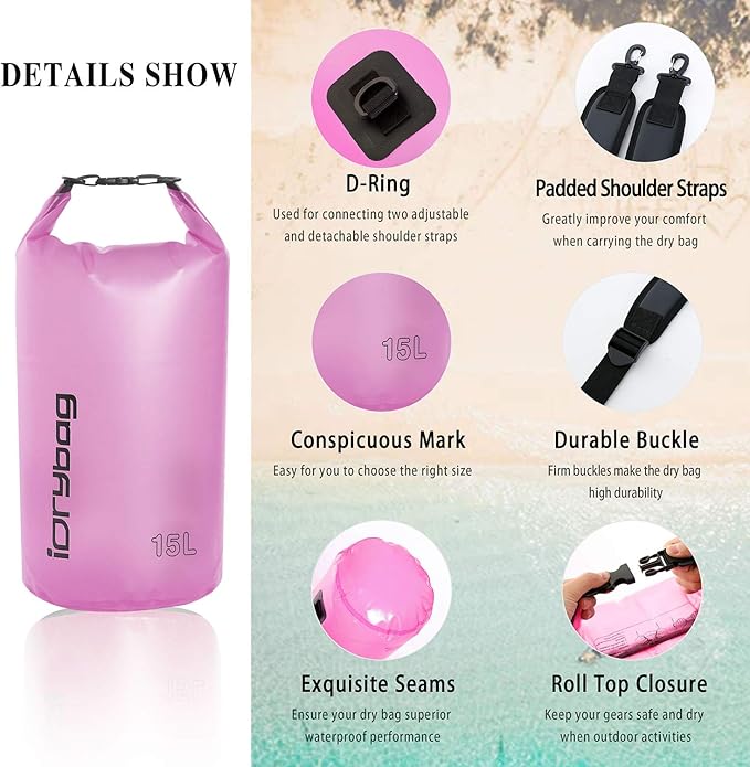 IDRYBAG Clear Dry Bag Waterproof 2L/5L/10L/15L/20L, Small Dry Sack Waterproof Bag for Kayaking