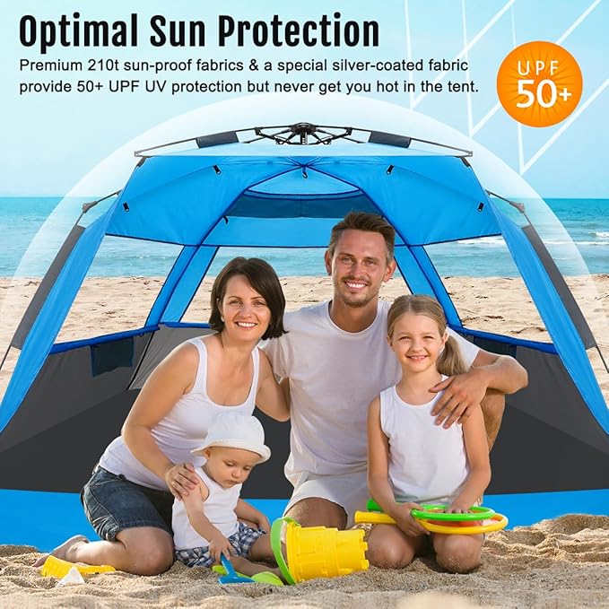 WhiteFang Deluxe Pop Up Beach Tent Sun Shade Shelter for 3-4/5-6 Person, UV Protection, Extendable Floor with 3 Ventilating Windows Plus Carrying Bag, Stakes, and Guy Lines